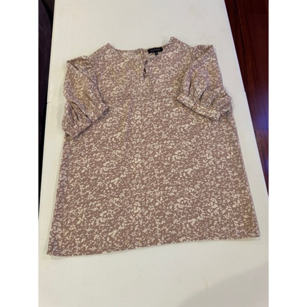 Pleione Beige White Abstract Print Puff Sleeve Blouse Top Small